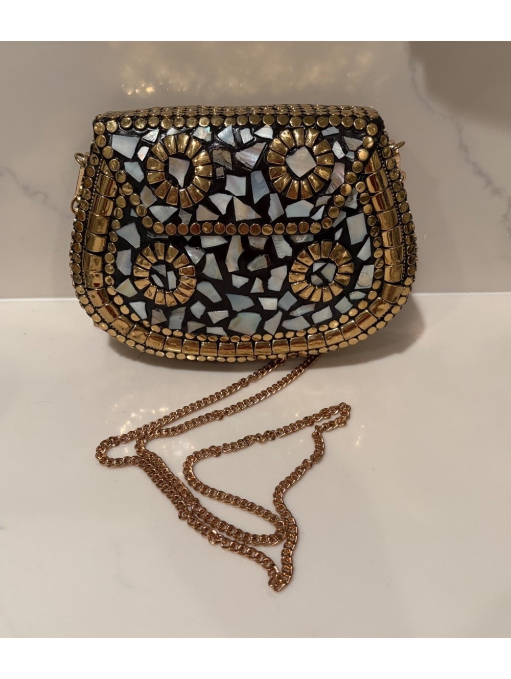 Handmade Ramla Mother of Pearl Mosaic Beaded Evening Clutch Bag with Chain Strap